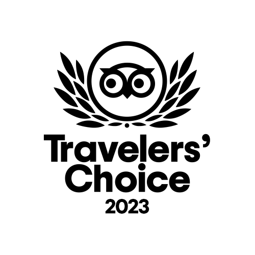 Travelers' Choice 2023 logo with owl and laurel wreath design.