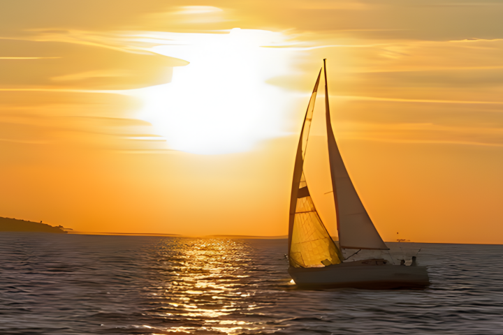 Sailboat on ocean at sunset with glowing orange sky and water reflection.