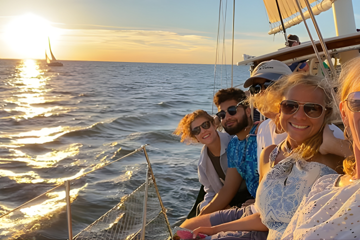 Group of people smiling on a sailboat at sunset, ocean and another sailboat in the background.