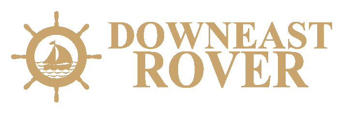 Logo with ship wheel and sailboat, text 'Downeast Rover'